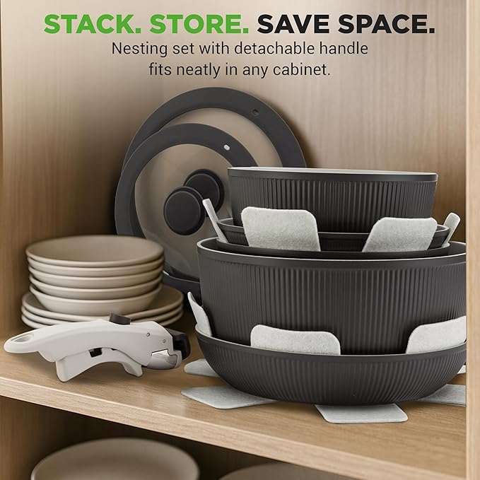 NutriChef 18-Piece Ceramic Cookware Set with Detachable Handles, Space-Saving Nonstick Pots, Pans & Lids, Oven-Safe Bowls, Stackable Storage, Includes Cooking Utensils & Accessories (Gray)