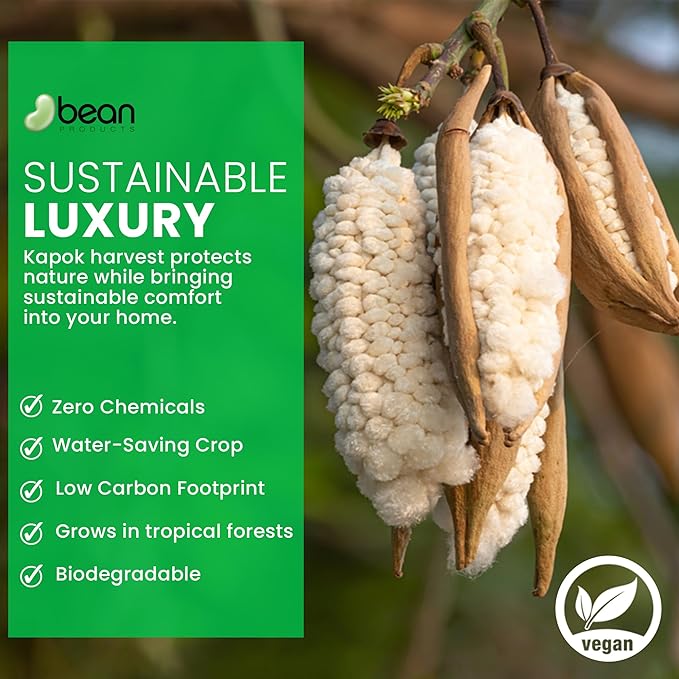 Bean Products Premium Kapok Fill | 1 lbs | 100% Organic Kapok Fiber | Chemical Free and Hypoallergenic | Perfect for Pillows, Pet Beds, Couches & More | Made in USA