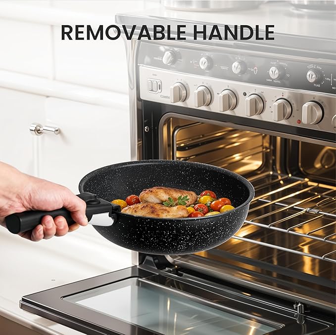 Simple Deluxe 12 Pcs Non-Stick Cookware Set, with Black Granite Texture and Detachable Handles, Resistant to High Temperatures, Oven Safe, PFAS and PFOA Free