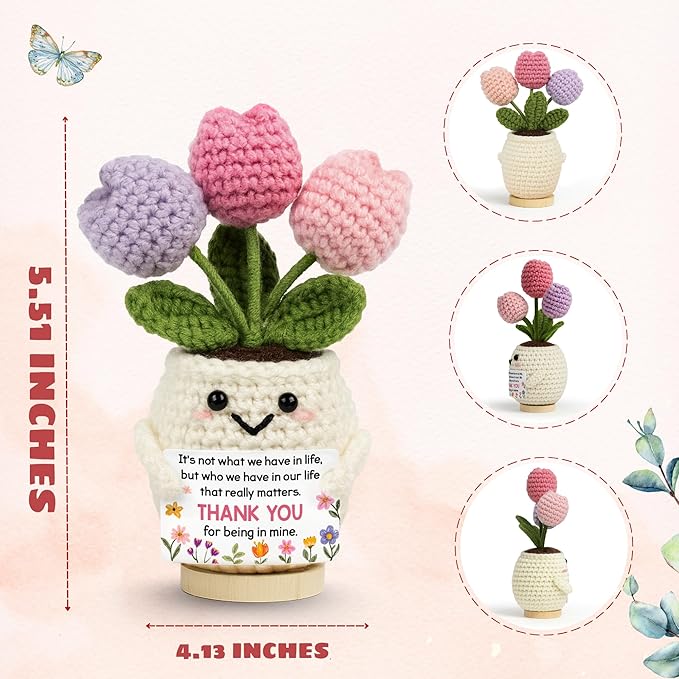 Best Friend Friendship Gifts for Women - Funny Mothers Day Birthday Gifts for Friends, Bestie, BFF, Bestfriend, Female, Girls - 5.51'' x 4.13'' Knitted Positive Tulip Flowers Friend Crochet
