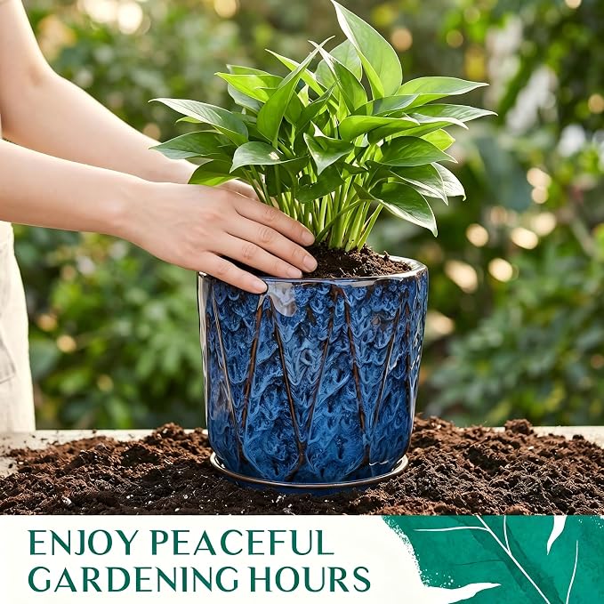 10 Inch Ceramic Plant Pot with Drainage Hole Mesh Net, Large Flower Pots for Indoor Plants with Saucer, Gardening Pots Outdoor, Blue
