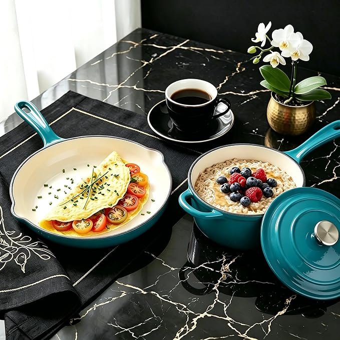 QuliMetal Enameled Cast Iron Cookware Set, 4-Piece Pots and Pans Set with Lids, 10.25" Skillet, 2QT Saucepan, 2.8QT & 4.8QT Dutch Ovens, Oven Safe to 500°F, All Stovetops Compatible - Teal