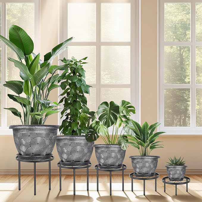 14-Inch -Plastic-Pots -For-Plant With Saucer, 4 Pack Outdoor Planters With Drainage Holes, Decorative Flower Pots For Indoor Plants, Modern 3D Swirl Silver Large Plant Pots With With Removable Tray