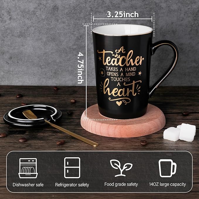 Best Teacher Appreciation Gifts for Men Women, 14oz Unique Black Ceramic Teacher Coffee Mug with Gold Print, Valentine Presents for Teachers Graduation Retirement, with Lid Spoon Card, Nice Gift Boxed