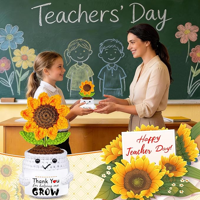 Teacher Appreciation Gifts, Teacher's Day Graduation Thank You Gifts for Teacher Handmade Crochet Sunflower Doll, Personalized Mothers Day Birthday Retirement Gift for Teachers Mentor Coworker Boss