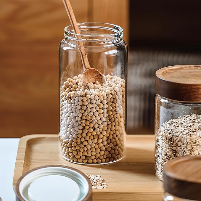 3 Pack 40 fl oz/1200 ml Clear Glass Storage Canister with Airtight Wooden Screw On Lid, Large Tall Decorative Glass Container Jar Set for Coffee, Nut, Tea, Candy, Cookie, Cereal, Sugar, Flour