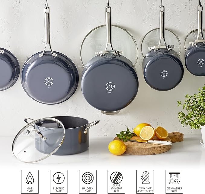 Martha Stewart Lockton Premium Nonstick 10 Piece Enamel Heavy Gauge Aluminum Pots and Pans Cookware Set - Grey