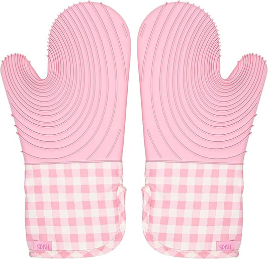 Paris Hilton Oven Mitt Set with Limited Edition Pink Gingham Design, Heat Resistant Pot Holders Featuring Non-Slip Textured Silicone Grips, 2-Piece Set, Pink
