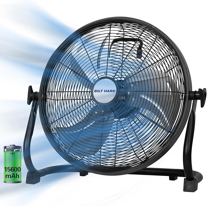 BILT HARD 16 Inch Rechargeable Battery Operated Outdoor Floor Fan, 15600mAh Battery Powered High Velocity Portable Fan with Metal Blade, USB Output for Travel, Camping, Backyard