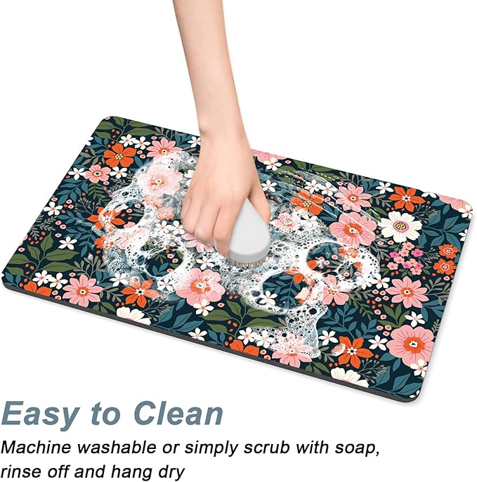 Rnivvi Coffee Mat, 12" x 19" Cute Coffee Bar Mats for Espresso Machine Station Accessories and Organizer, Hide Stain Rubber Backed Absorbent Dish Drying Pad for Kitchen Counter, Floral Cartoon