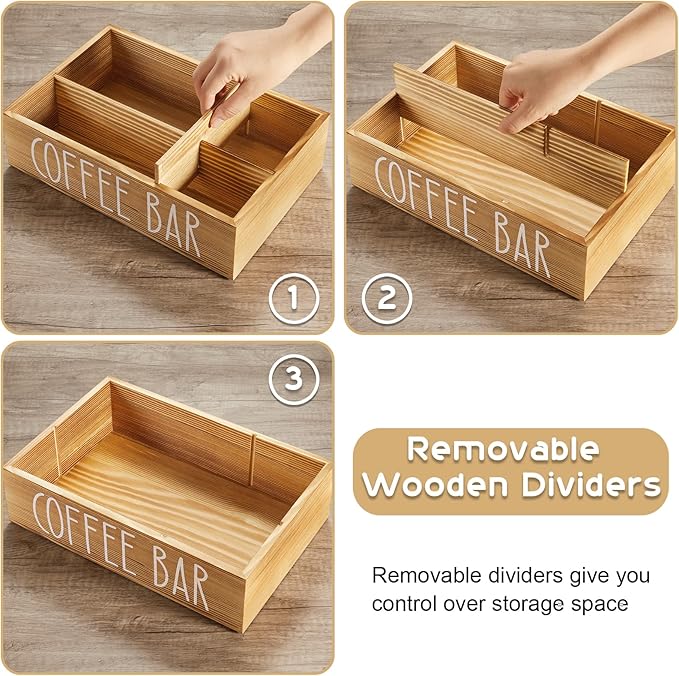 ALELION Brown Coffee Station Organizer - Wood Coffee Bar Accessories Organizer with Removable Dividers for Pods Condiment Syrup Tea Cups Stirrers - for Farmhouse Coutertop Decor