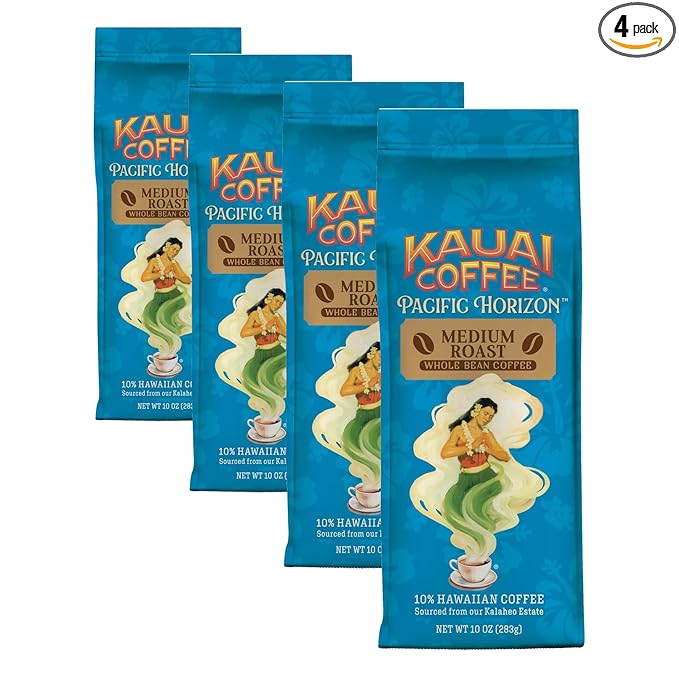 Kauai Whole Bean Coffee – Smooth, Non-Bitter Pure Arabica – Light Floral Notes & Bright Aroma – Grown on Hawaii's Largest Coffee Farm – Koloa Estate Medium Roast, 10oz (Pack of 4)