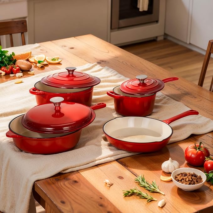 DishDelight Enameled Cast Iron Cookware Set, 7 Piece Induction Dutch Oven Set with Lid, Red Pots and Pans Set Nonstick, PFOA&PFAS Free