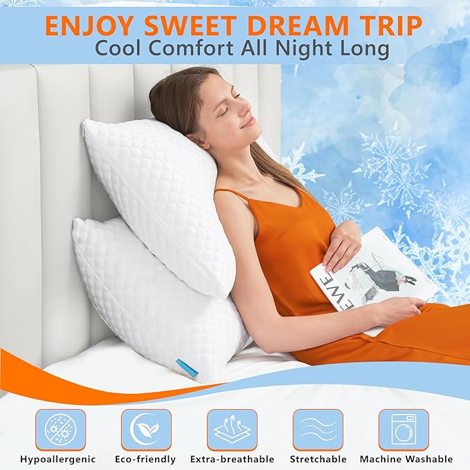 UYWO Cooling Pillows Standard Size Set of 2, Memory Foam Pillows with Zipper, Firm Bed Pillows Adjustable for Hot Side Back Stomach Sleepers