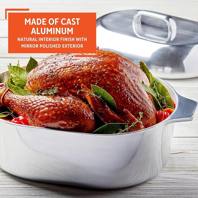 IMUSA 13in Cajun Cast Aluminum Oval Roaster with Lid, Durable Baking and Roasting Pan for Chicken, Meats, and Traditional Cooking (Pack of 2)