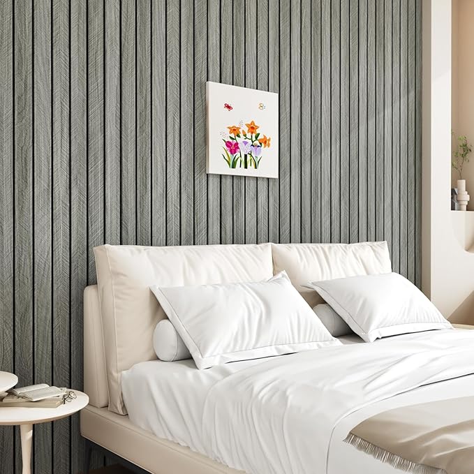 Grey Wood Wall Slat Panels Peel and Stick 3D Textured Fluted Wood Panels for Interior Wall Decor Self Adhesive Acoustic Wooden Paneling Sticker for Bedroom Studio TV Backgroud 23.6" x 118"