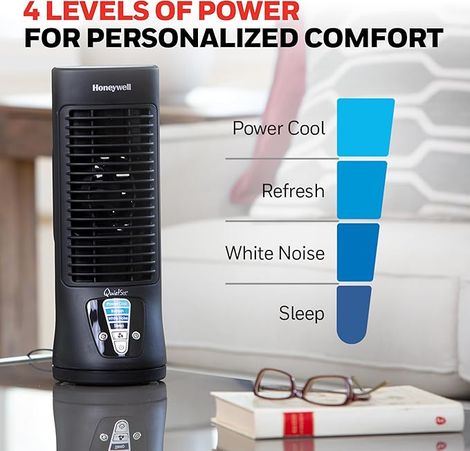 Honeywell QuietSet Personal Table Fan, Oscillating Personal Desk Fan with Quiet Operation, 4 Levels of Power and Sound, Black, HTF210B