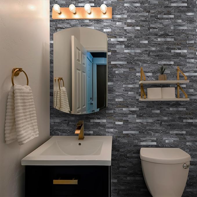 StyloVue 20 Sheets Peel and Stick Backsplash for Kitchen, Gray-Gold Stone with Metal Silver Look Stick on Tile Upgrade Your Kitchen Backsplash, RV, Fireplace