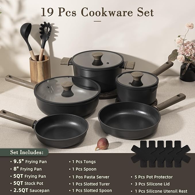 Astercook 19 Pcs Pots and Pans Set Non Stick, Black Titanium Induction Kitchen Cookware Sets, Non toxic Healthy Kitchen Cooking Set with Frying Pans Set, PFAS PTFE PFOA PFOS Free, Mothers Day Gifts