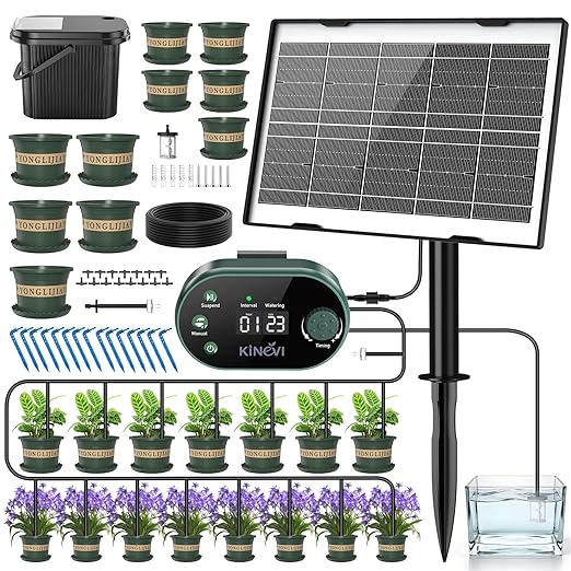 Solar Drip Irrigation System Kit, Auto Plant Waterer for 15 Pots | 3W Solar DIY Watering Device with Bucket & Flower Pots Included, 22 Programmable Timer Modes, Anti-Siphon