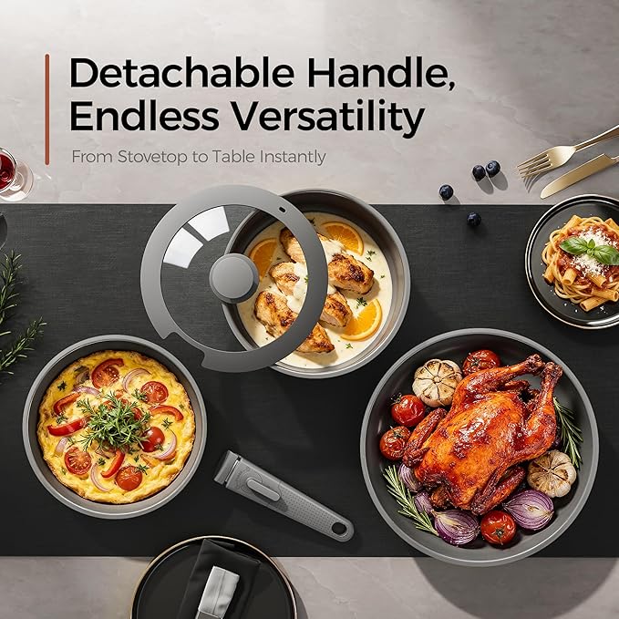 16pcs Nonstick Cookware Set, Diamond-Titanium Ceramic Coating & 3 Layer Stainless Steel Pots and Pans Set with Detachable Handle, Dishwasher Safe, Induction Compatible, Oven Safe, Gray