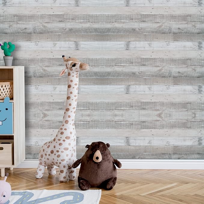 Wenmer Grey Wood Shiplap Peel and Stick Wallpaper - 17.71" x 1181" Self-Adhesive Wood Plank Wallpaper for Cabinets, Kitchen Shelves, Drawers, Doors