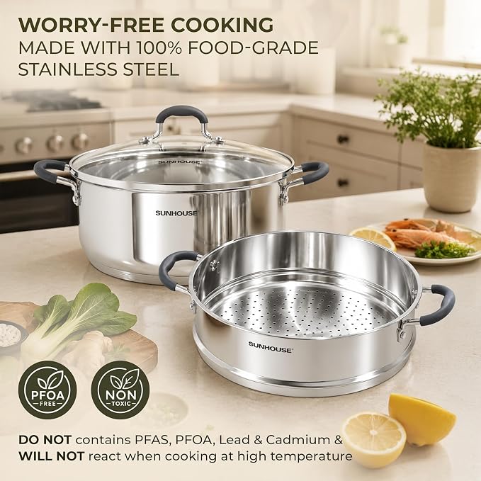 SUNHOUSE 6.3 QT Stainless Steel Steamer Pot for Cooking with Glass Lid | 2-Tier Vegetable & Dumpling Food Steamer Basket - Stovetop Ollas Vaporeras with Stay-Cool Handles - Tri-Ply Induction Base