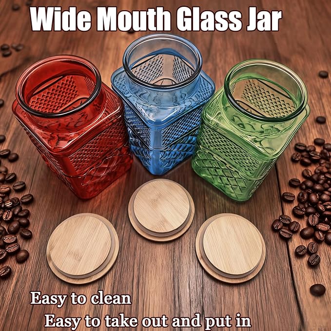 Coriario 60oz Vintage Glass Jar with Airtight Lid and Wood Spoon Blue Square Glass Storage Canisters Jars for Food Candy Flour Sugar Cookie Coffee Tea Decorative Vase