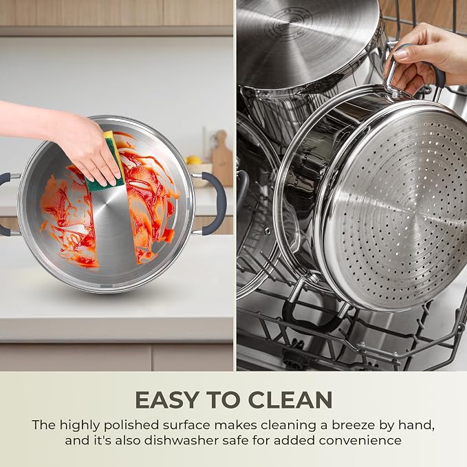 SUNHOUSE 3.1 QT Stainless Steel Steamer Pot for Cooking Vegetables | Steaming Pot with Glass Lid & Steamer Basket - 2 Tier Tri-ply Stovetop Steamer For Vegetable, Veggie - Induction Compatible