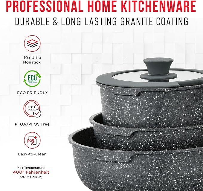 Pots & Pans Set Non Stick Ceramic-Granite – 15-Piece Cookware with Detachable Handles, Stackable Space-Saving, Dishwasher Safe, Oven & All-Stove Safe, Tempered Glass Lids, Black Granite