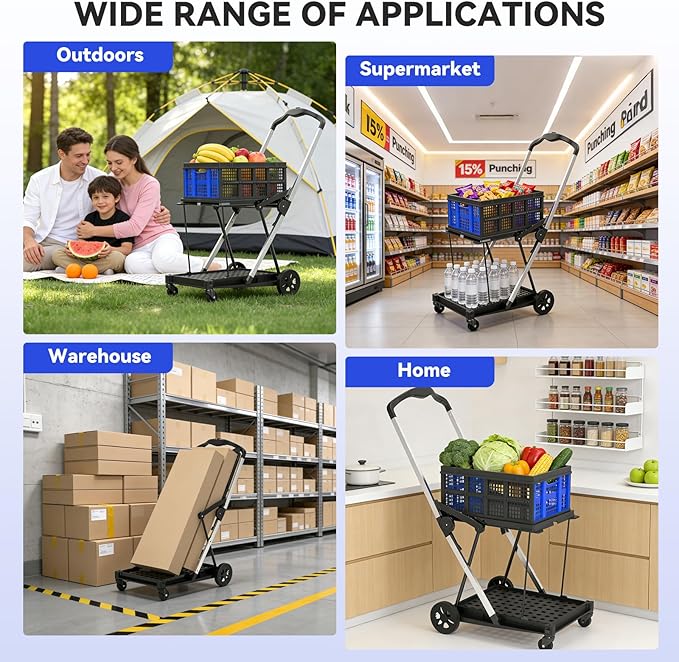 Collapsible Shopping Cart with Wheels,2 Tier Multi Use Foldable Shopping Cart with 2 Storage Crates,Folding Shopping Trolley Utility Cart for Office,Groceries, Warehouse,Supermarket,Picnic (Blue)