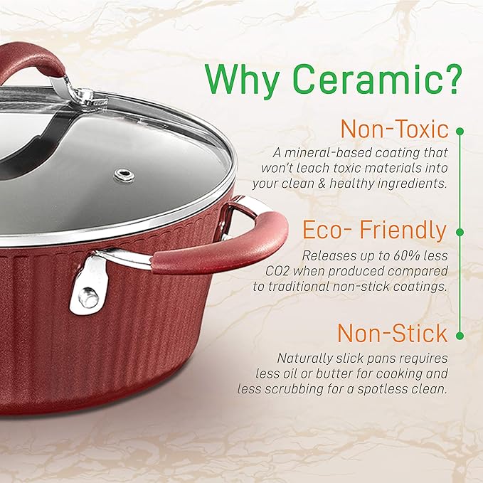 NutriChef 11-Piece Nonstick Kitchen Cookware Set - PTFE/PFOA/PFOS-Free Heat Resistant Ceramic Kitchen Ware Pots Pan Set w/Lines Pattern - Saucepot, Pans, Cooking Pot Oven Pot, Lid, Utensil