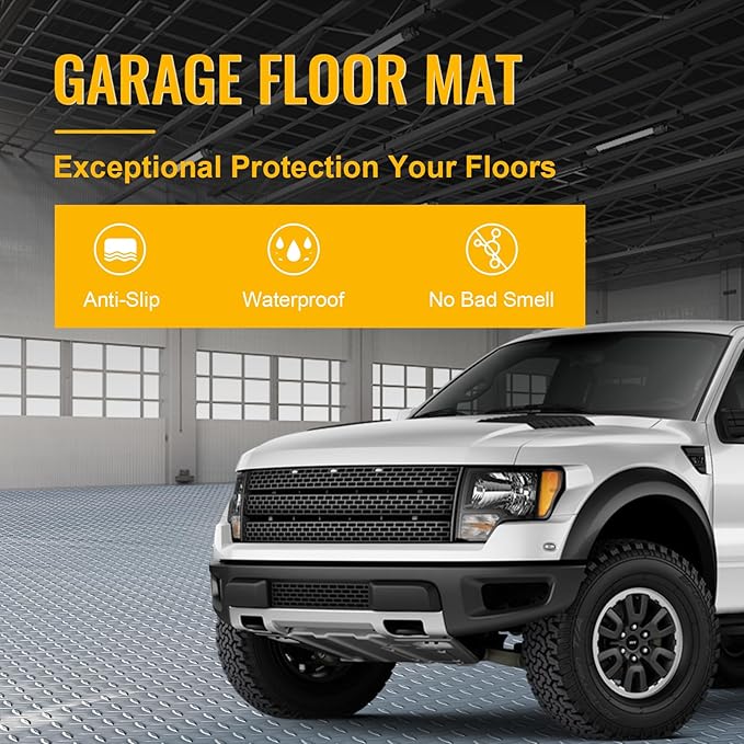 Grandroad auto 8x25 FT Garage Floor Mat, 2.8mm Thickened Flooring Roll for Under Car Diamond Plate PVC Rubber Mat with 20 Pcs Tapes, Non-Slip Floor Mat for Garage, Warehouse, Gyms, Trailer, Gray