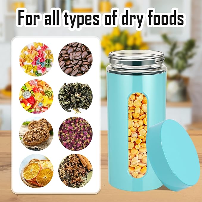 Patelai 6 Pack Kitchen Canisters Set Airtight Stainless Steel Canister Food Storage Container with Window Glass, Coffee Sugar Candy Jars Tea Organizer for Flour Cookies Spice(Turquoise,44 oz)