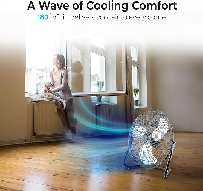 Comfort Zone 20-Inch High-Velocity Industrial Floor Fan, Heavy-Duty 3-Speed Metal Shop Fan with 180° Adjustable Tilt & Carry Handle, Quiet Vibration-Free Cooling for Garage, Workshop, & Home