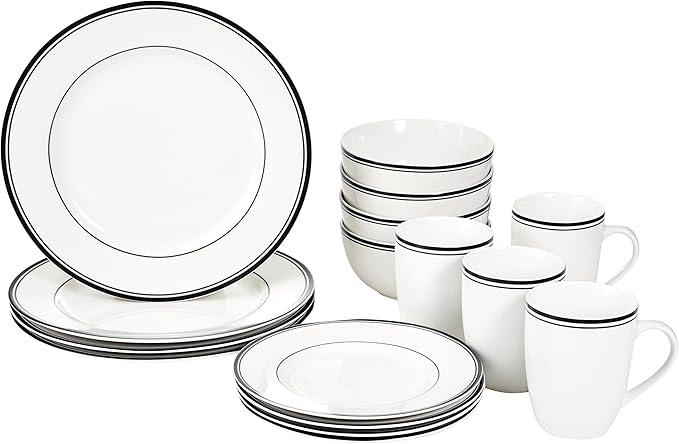 Amazon Basics 16-Piece Cafe Stripe Dinnerware Set, Microwave and Dishwasher Safe, Plates, Bowls, Mugs, Service for 4, Black