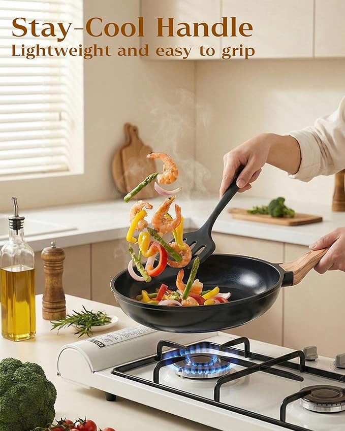 FDN 16Pcs Titanium Pots and Pans Set,Toxic-Free Cookware Set, Dishwasher & Oven Safe, Induction Compatible with Bakelite Wood Grain Handle, Compact and Durable