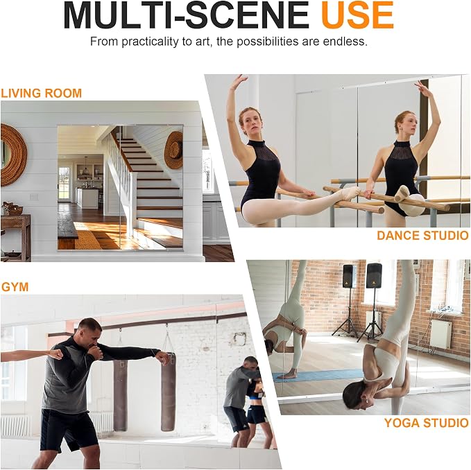 Delma Home Gym Mirror, 48"x24"x2PCS, Silver | Large Full Body, Tempered Glass Frameless, Wall-Mounted, For Gym, Yoga, Garage, Bedroom, Bathroom