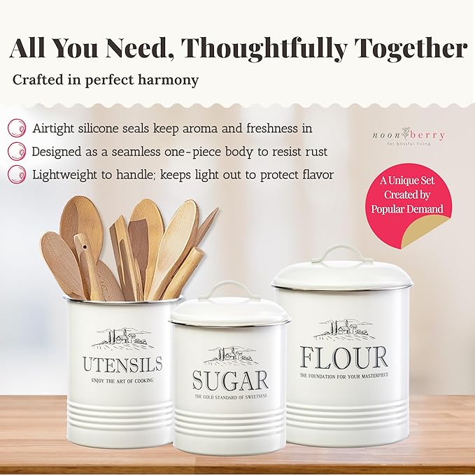 noonberry Kitchen Canisters for Countertop – 3-Piece Airtight Canister Set for the Kitchen Counter with Utensil Holder – Flour Sugar Containers – Cream-White Magnolia Finish