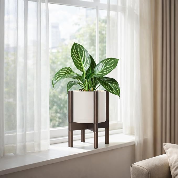 D'vine Dev Plastic Pot with Walnut Wood Stand, Oatmeal, 8 in, 55-C-I-4 | Mid-Century Inspired Design, Elevated Plant Display, Clean Lines, Sturdy Support, Modern Space-Saving Style