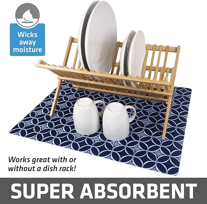Drymate Jumbo XL Dish Drying Mat (19”x24”), Low-Profile, Super Absorbent, Quick Dry Fabric, Waterproof & Slip-Resistant, for Kitchen Counter, Trimmable, Easy to Clean (USA Made)(Indigo)