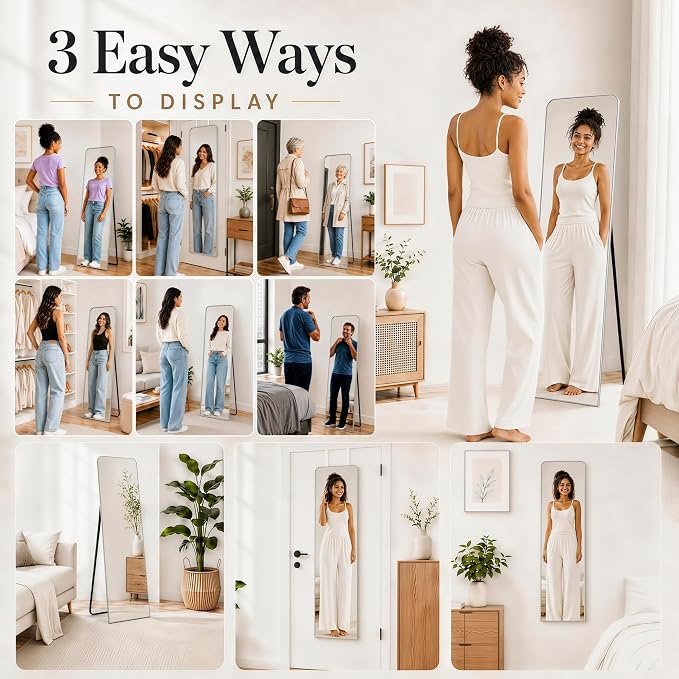 SCWF-GZ 57x20 Full Length Mirror Over The Door Hanging, Floor Stand/Wall Mounted Aluminum Alloy Frame Dressing Mirror for Bedroom Living Room 57 inch Silver