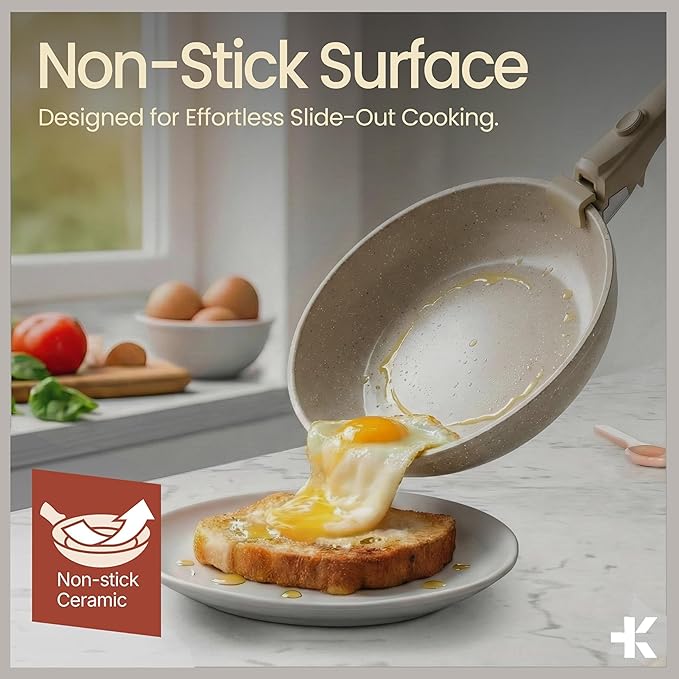 Pots & Pans Set Non Stick Ceramic-Granite – 14-Piece Cookware with Detachable Handles, Stackable Space-Saving, Dishwasher Safe, Stain-resistant, Oven & All-Stove Safe, Tempered Glass Lids, White Cream