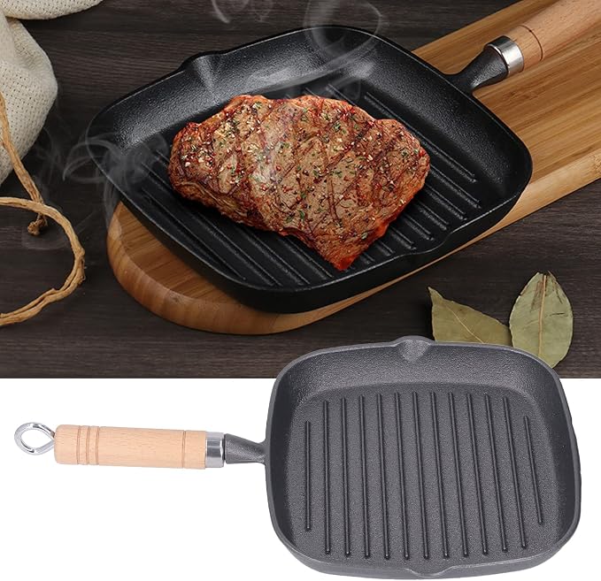 Cast Iron Square Grill Pan,Nonstick Grill Pan,Multipurpose Prevents Stick Quadrate Cast Iron Steak Pan with Detachable Wooden Handle for Bacon Steak Onion