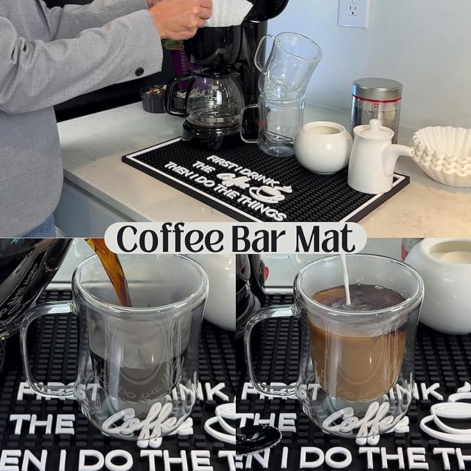 First I Drink the Coffee Then I Do the Things Silicone Station Mat for Countertop 18x12 in, Funny Coworker Gift, Coffee Bar Sign, Non-Slip Espresso Machine Mat, Dishwasher Safe