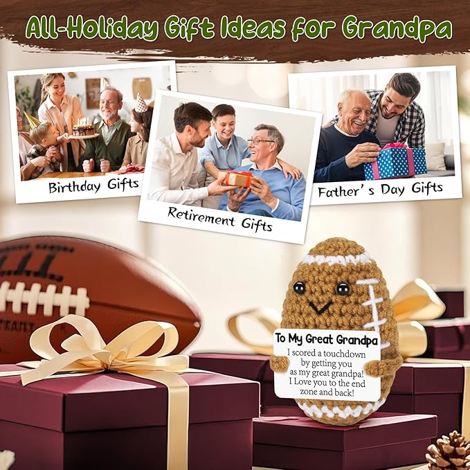Mini Funny Great Grandpa Gifts from Grandkids, Handmade Crochet Mini Football Great Grandpa Birthday Gifts from Granddaughter Grandson, Great Grandfather Present for Father's Day Cute Desk Decor