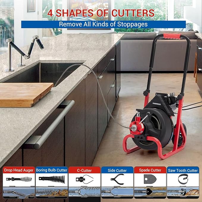 Electric Drain Auger Auto-Feed, 75ft x 1/2" Drain Cleaner Machine with 6 Cutters & Glove, Sewer Snake for 2 to 4 Inch Pipes