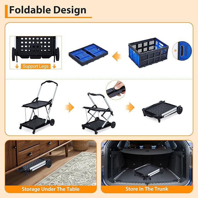 2 Tier Folding Shopping Carts for Groceries, 198 LB Capacity, Collapsible Portable Grocery Cart with Wheels & Removable Crate, Lightweight Foldable Shopping Trolley for Mall Market, Blue
