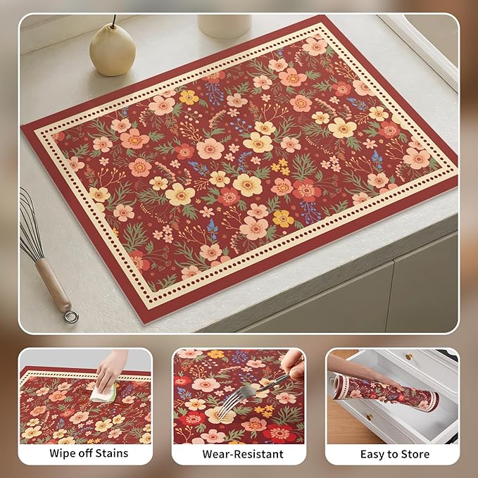 Vintage Floral Coffee Maker Mat, Non-slip Quick Dry Pad for Kitchen Countertop Pet Feeding Area (Vintage Parterre,Red)