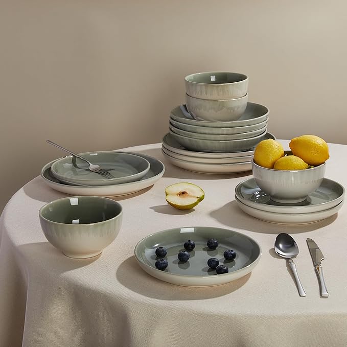 Pokini 32 Piece Double Bowl Dinnerware Sets with Pasta Bowls, Highly Chip and Crack Resistant Plates and Bowls Sets, Natural Earthyware Ceramic Dishware Sets, Service for 8 Gradient Green